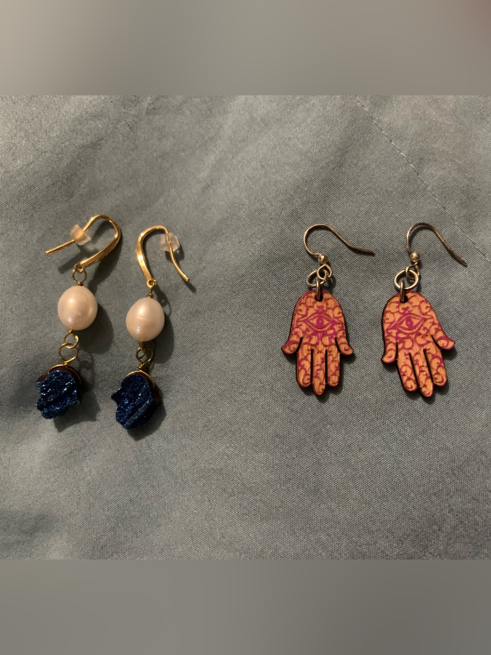 Set of 2 Dangle Earrings-Pearl Drop w/ Blue Druzy Quartz and Wooden Henna Hands